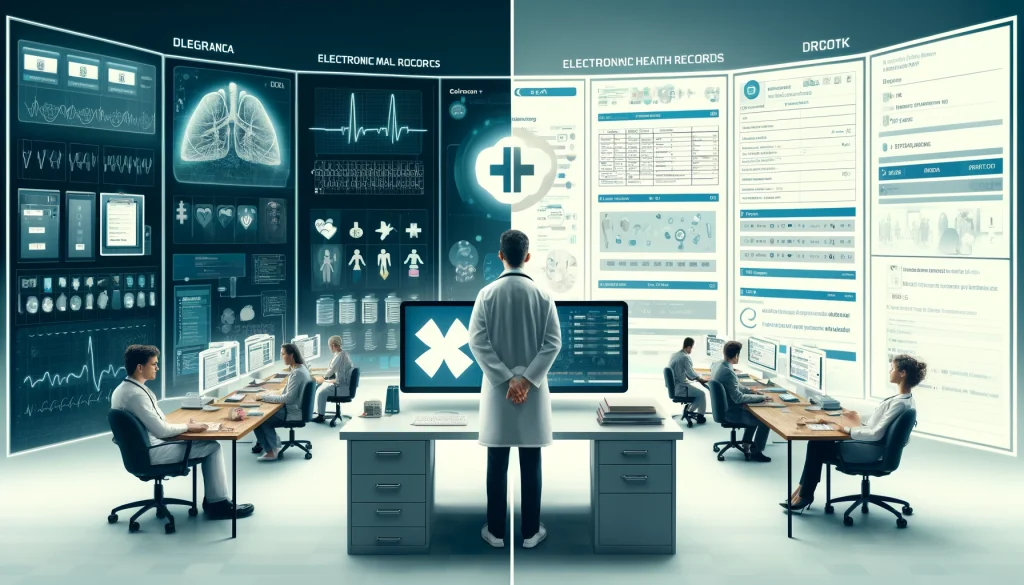 DALL·E-2024-05-31-13.23.41-A-panoramic-digital-illustration-showcasing-the-comparison-between-Electronic-Medical-Records-EMRs-and-Electronic-Health-Records-EHRs.-On-the-left