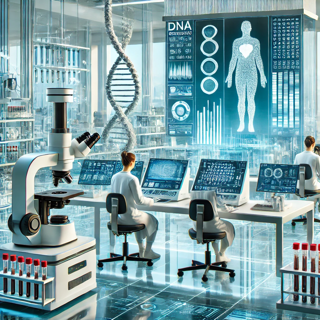 DALL·E 2024-11-18 11.23.26 - A modern healthcare setting with a focus on companion diagnostic technologies. The image should show a laboratory with advanced equipment like DNA seq