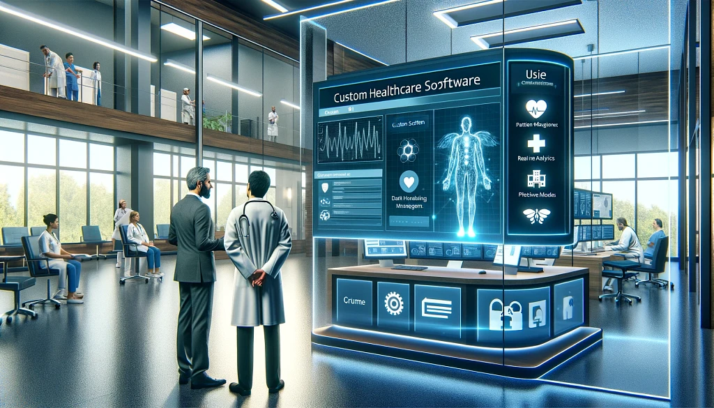 DALL·E-2024-06-06-21.28.11-A-modern-illustration-of-custom-healthcare-software-in-use.-The-image-shows-a-healthcare-IT-specialist-and-a-doctor-discussing-in-front-of-a-large-scr