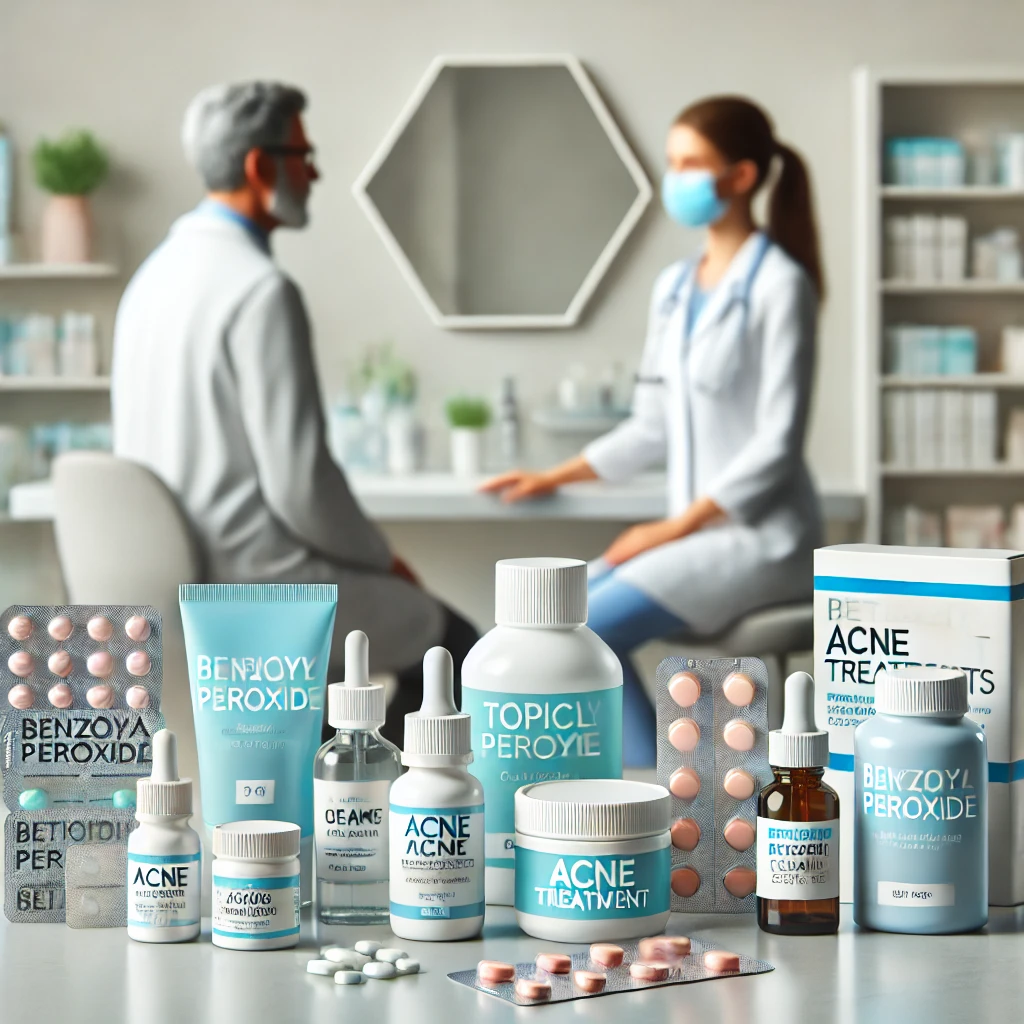 DALL·E 2024-11-14 10.43.55 - A healthcare scene featuring a range of acne treatment products. The image should show a variety of skincare items like topical gels, creams, and medi