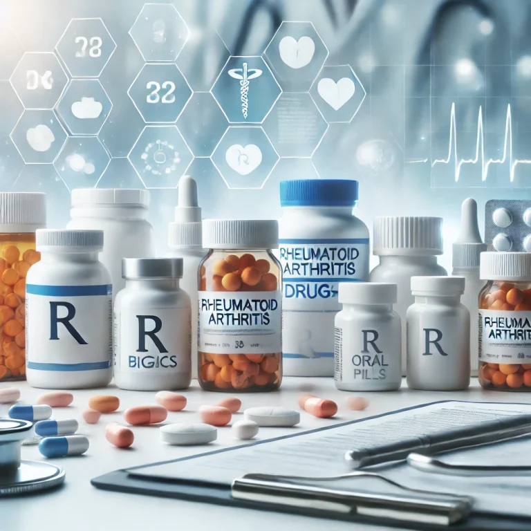 DALL·E 2024-11-14 11.49.42 - A healthcare-related image depicting rheumatoid arthritis drugs. The image shows a close-up of a variety of rheumatoid arthritis medication bottles, i