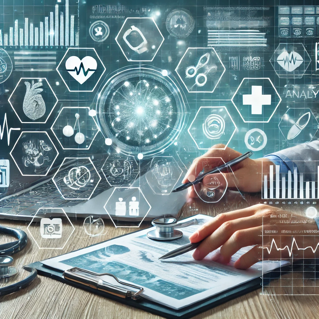 DALL·E 2024-11-14 11.58.34 - An image illustrating healthcare analytics, showing a digital interface with data charts, graphs, and health-related information. The scene should inc