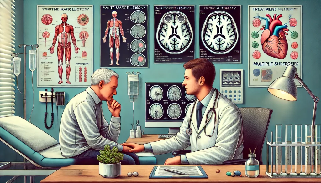 DALL·E 2024-11-14 12.10.40 - A medical illustration focusing on the diagnosis and treatment of Multiple Sclerosis (MS). The image should show a healthcare setting with a neurologi (1)