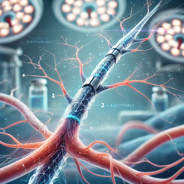 DALL·E 2024-11-19 11.21.51 - A detailed and medical illustration of absorbable nerve conduits used in peripheral nerve repair. The image should show the nerve conduit made of bioc