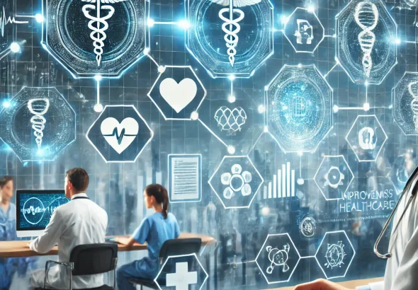 DALL·E 2025-01-17 15.34.58 - A modern healthcare scene featuring a digital blockchain network intertwined with medical symbols like stethoscopes, medical records, and DNA strands