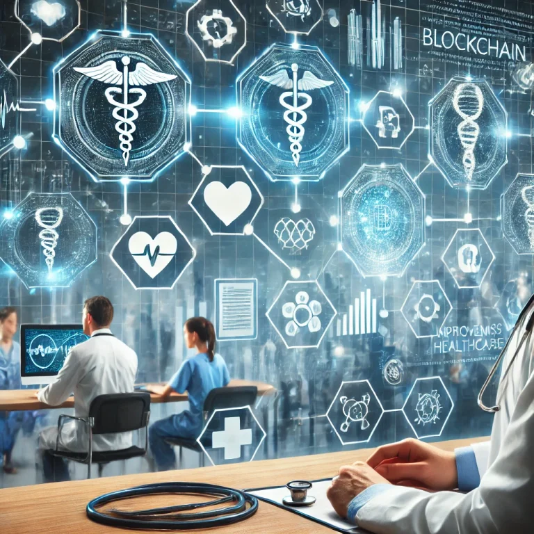 DALL·E 2025-01-17 15.34.58 - A modern healthcare scene featuring a digital blockchain network intertwined with medical symbols like stethoscopes, medical records, and DNA strands