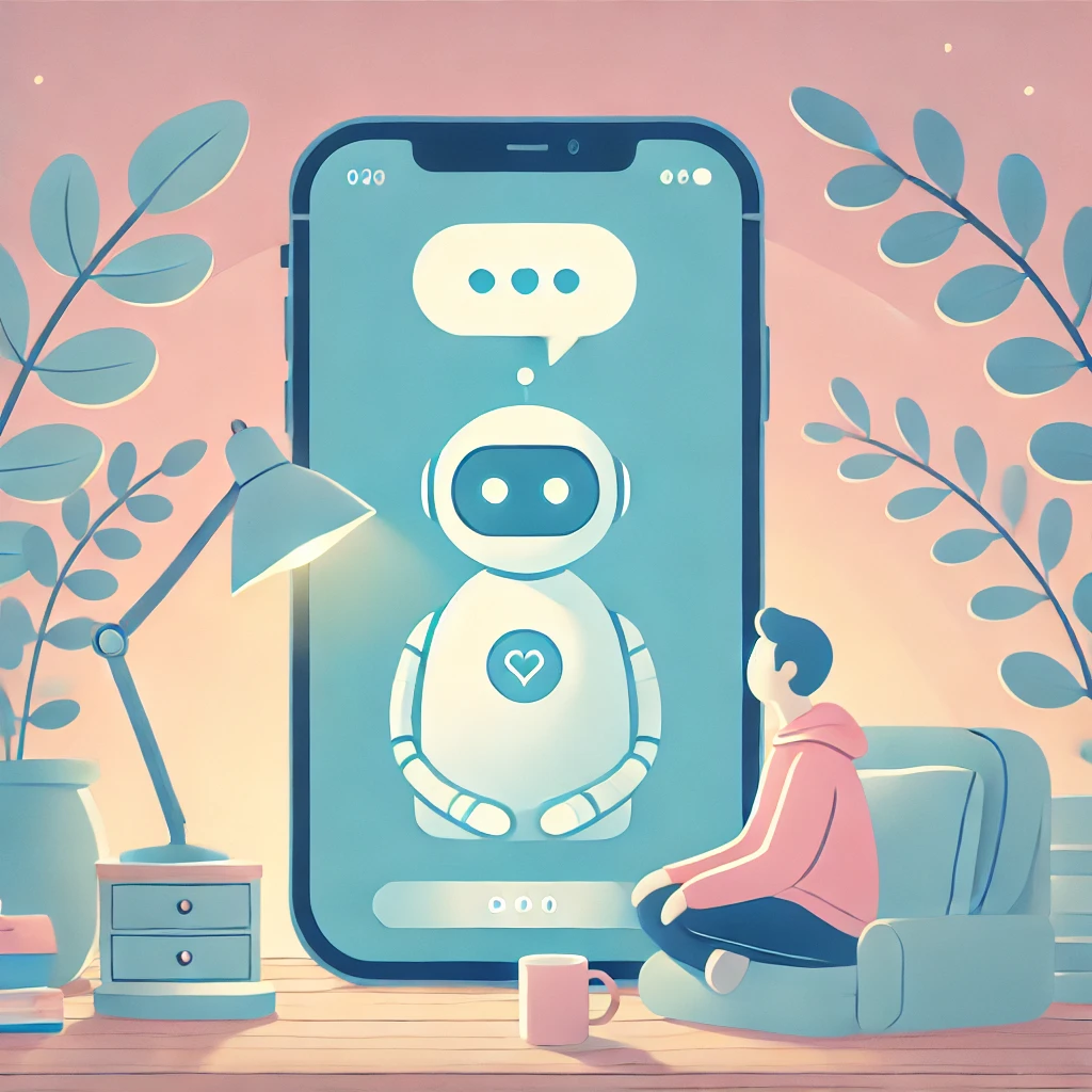 DALL·E 2025-01-30 10.01.23 - A calming digital illustration depicting a friendly AI chatbot providing mental health support. The chatbot appears on a smartphone screen, engaging i